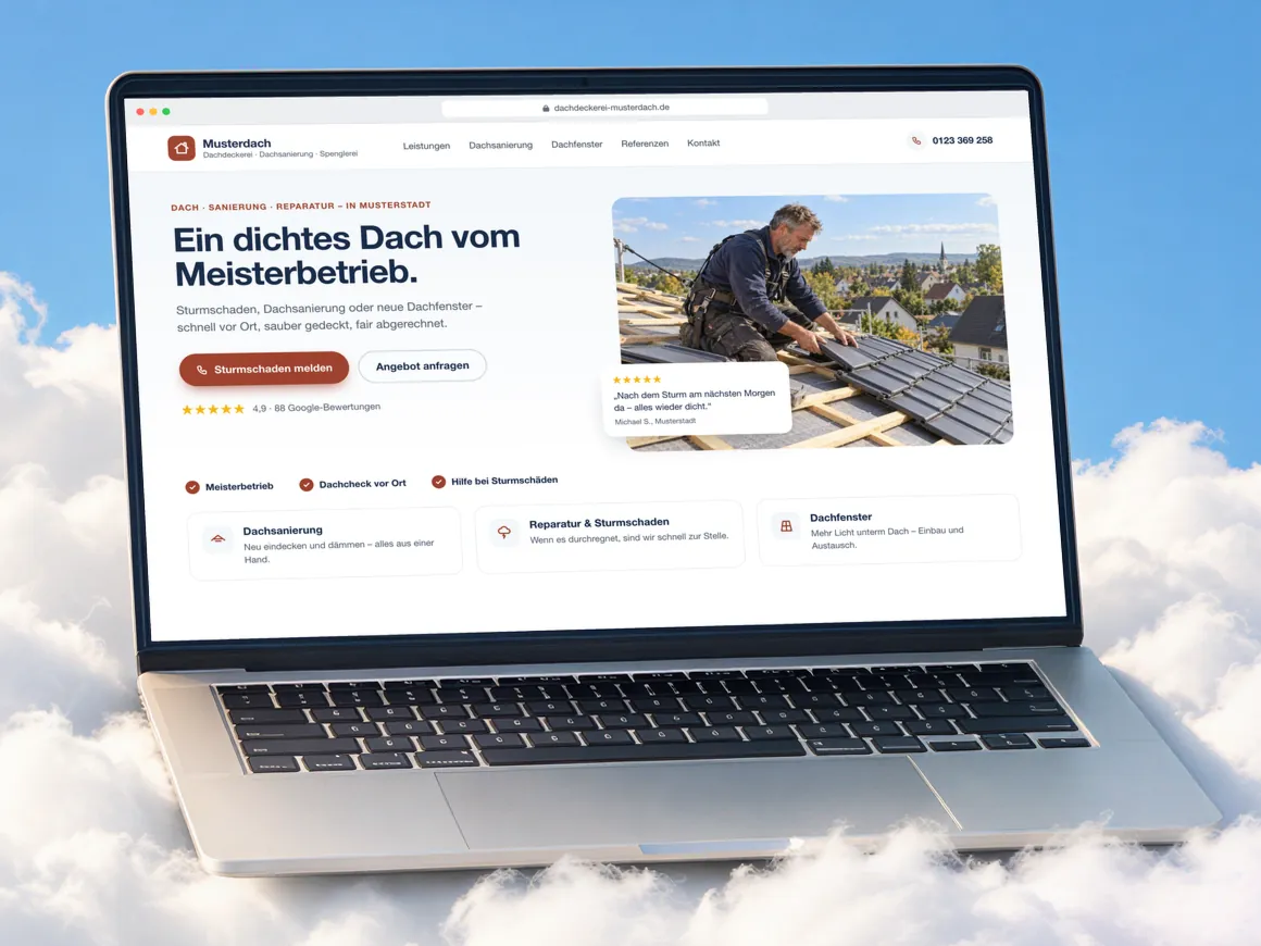 Beispiel-Website einer Dachdeckerei mit Sturmschaden-Knopf, Dachsanierung, Reparatur und Dachfenstern auf einem Laptop