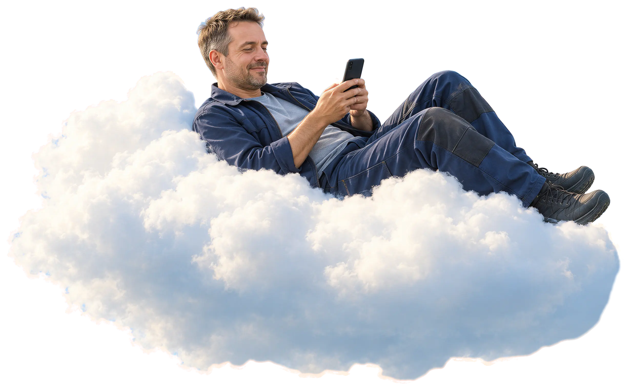 Ein Installateur in Arbeitskleidung liegt entspannt auf einer Wolke und schaut auf seine neue Website auf dem Handy.